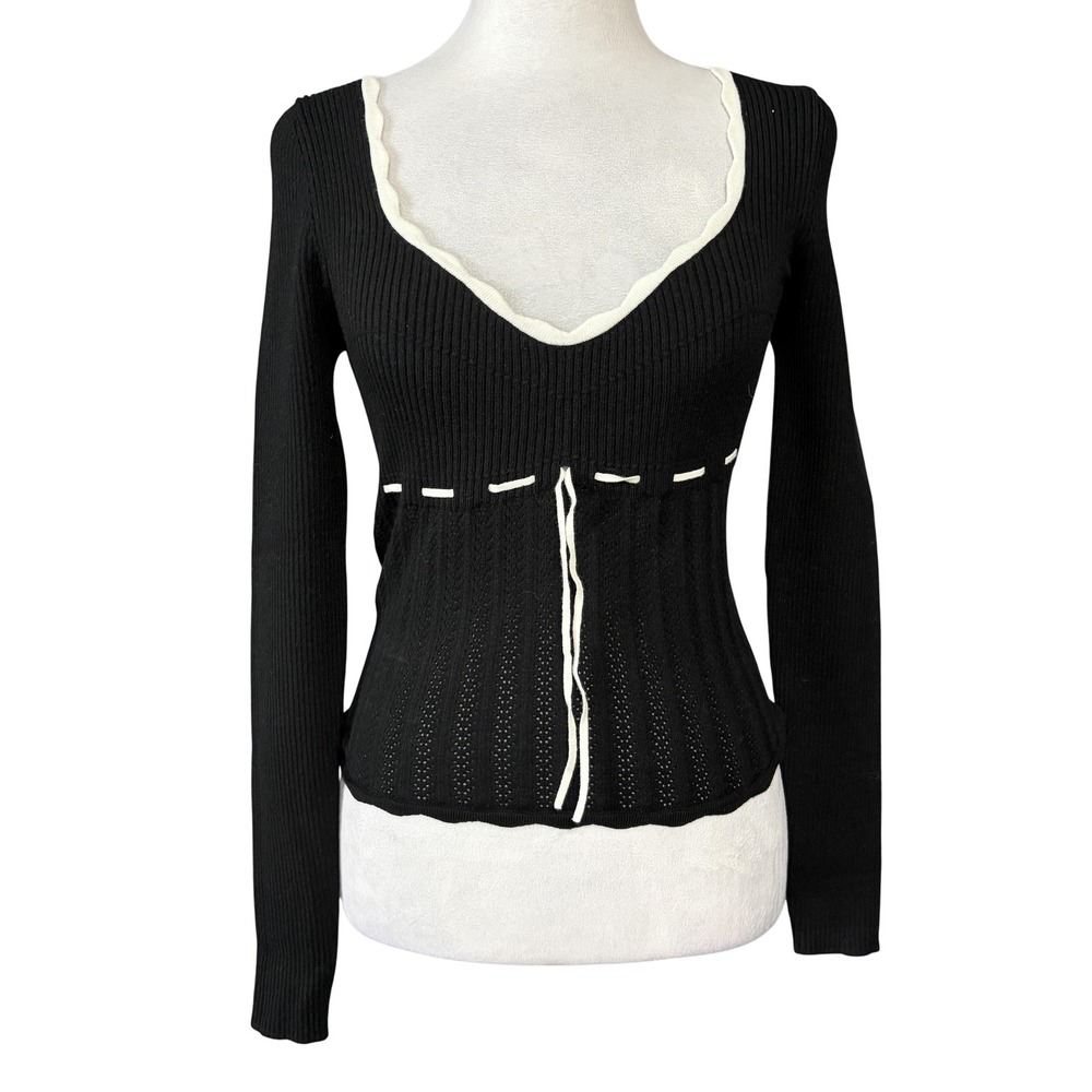 Wilfred Sweater Womens S Black V Neck Open Knit Tie Waist Scallop Trim